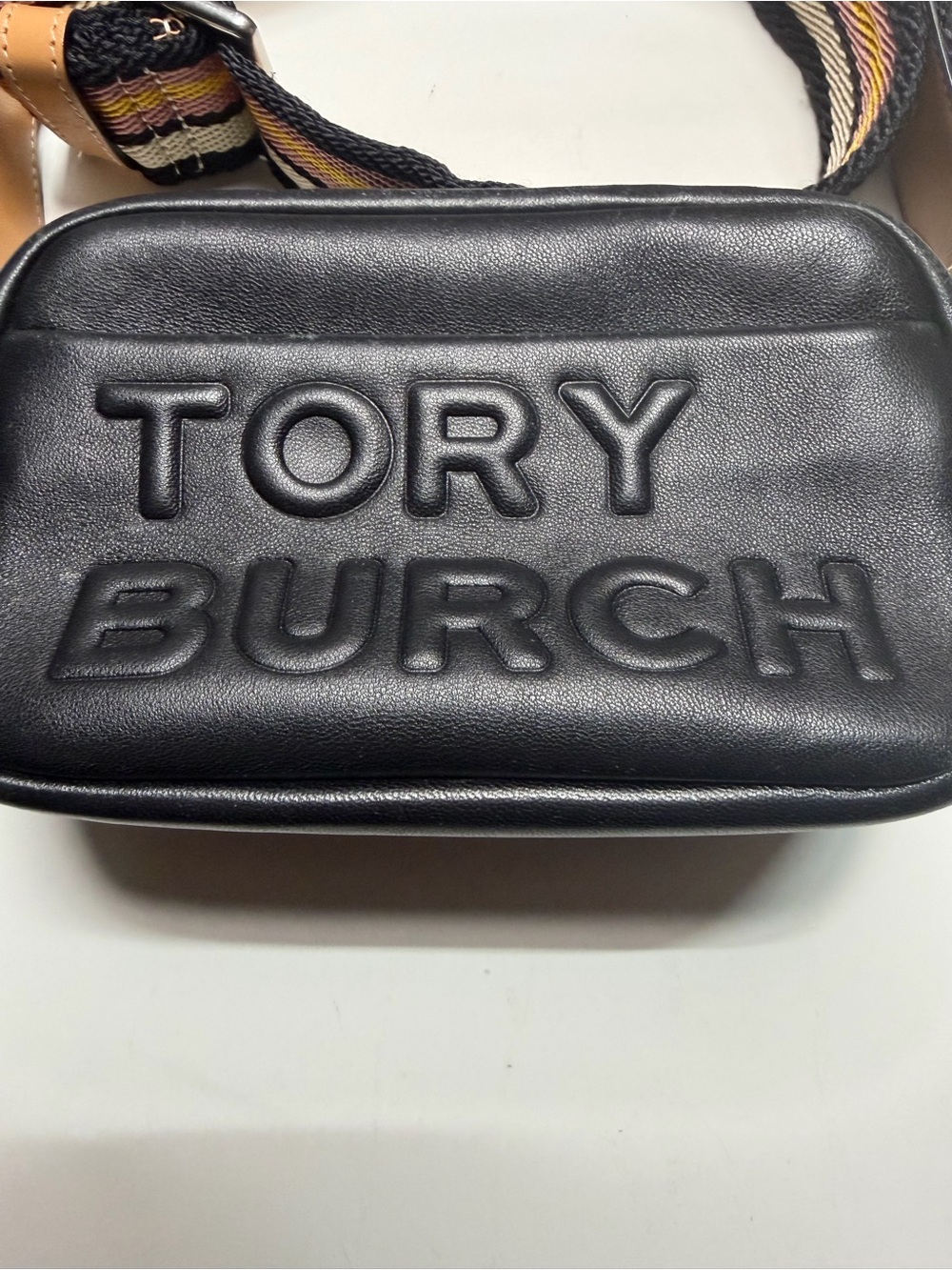 Tory Burch Black Quilted Logo Crossbody with Striped Webbing Strap - Picture 2 of 12